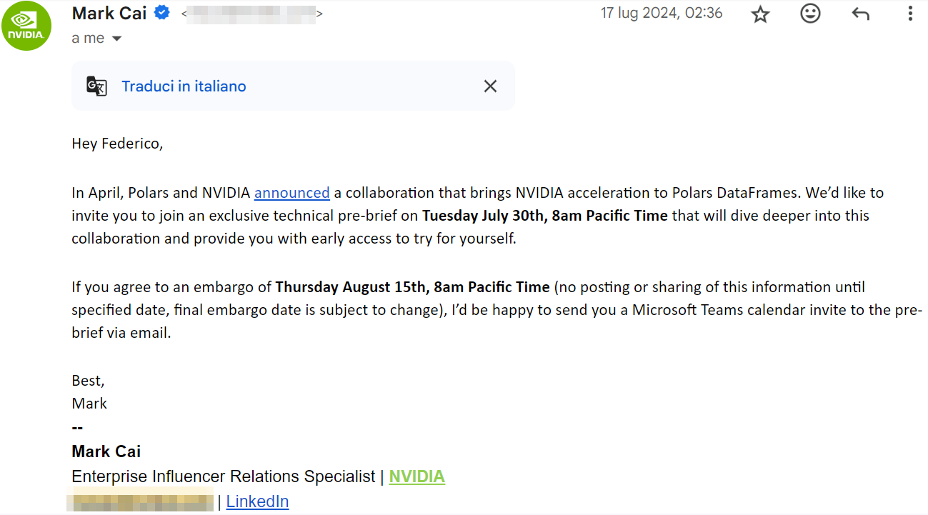 Email from NVIDIA to Federico Trotta for invitation.