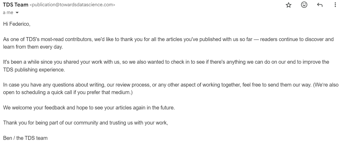 Email from Towadards Data Science to Federico Trotta for recognition.